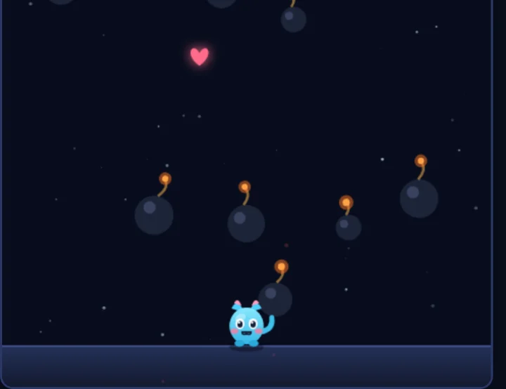 ボムよけゲームの画面。星空を背景に爆弾が降り、下部で水色のキャラクターが跳んでいる