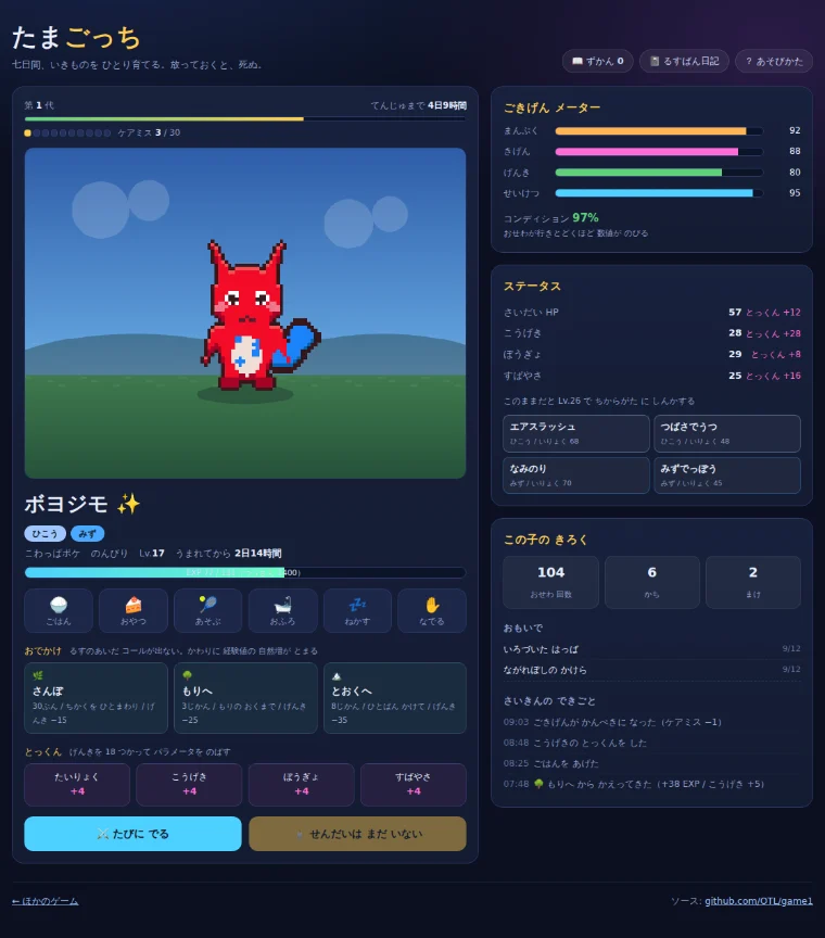 たまごっちの画面。草原に立つピンクのモンスターと、ごきげんメーターやステータスの数値が並んでいる